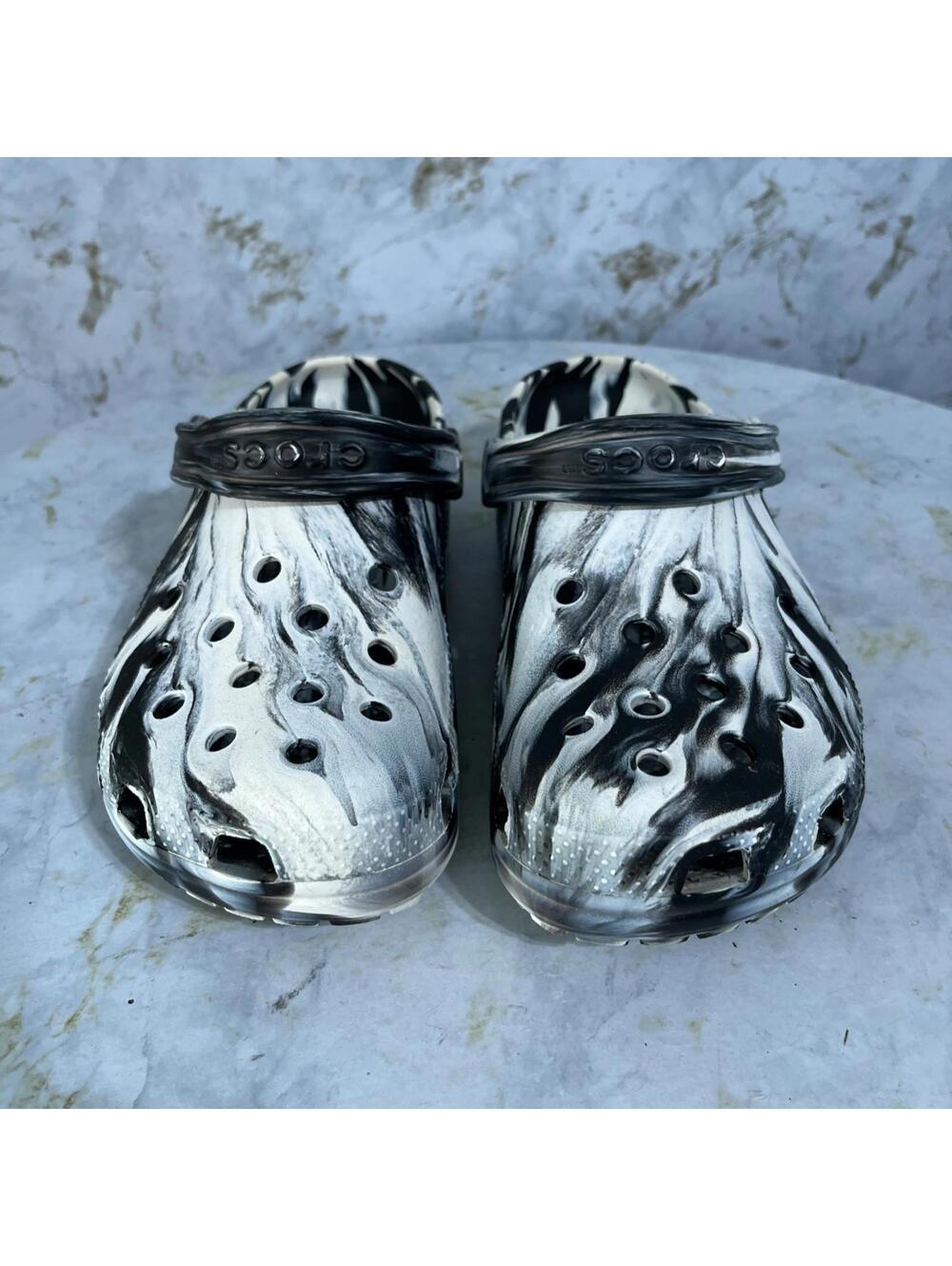 Crocs Classic Womens Sz 9 Shoes Black White Slides Comfort Casual Marbled Sandal - Picture 3 of 10
